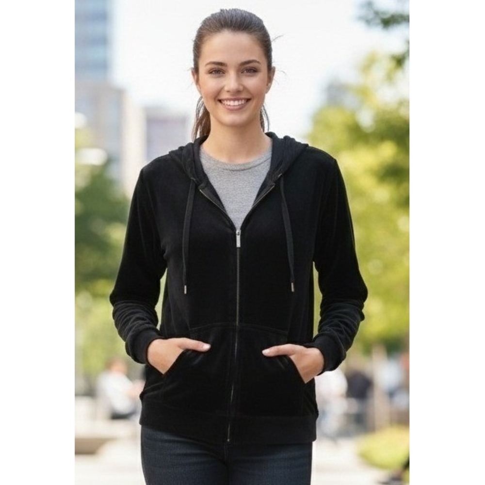 Gloria Vanderbilt Velour Hooded Full Zip Sweatshirt Women's XL Black Stretchy